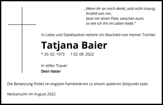 Traueranzeige von Tatjana Baier von GESAMT