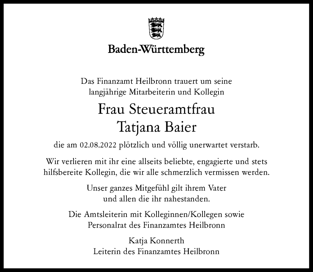  Traueranzeige für Tatjana Baier vom 06.08.2022 aus GESAMT