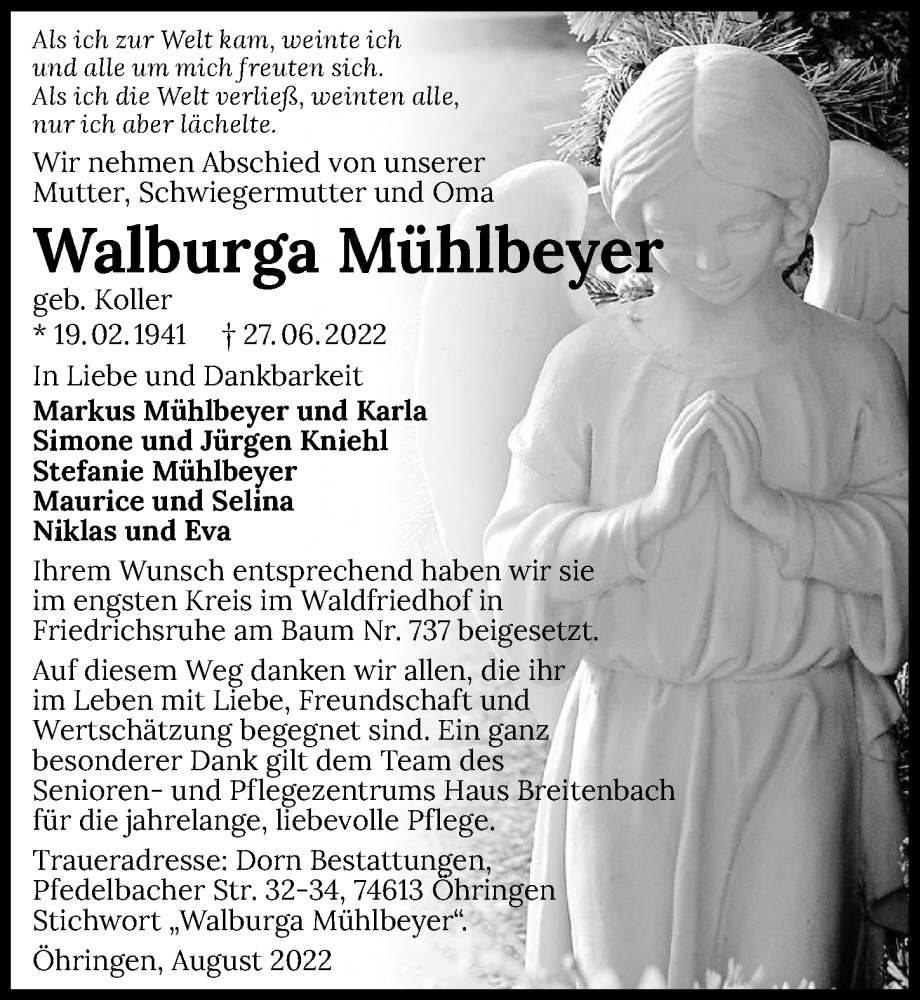  Traueranzeige für Walburga Mühlbeyer vom 06.08.2022 aus GESAMT