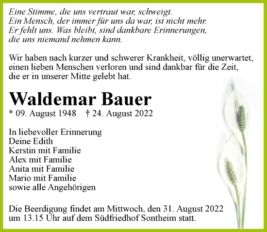 Traueranzeige von Waldemar Bauer von GESAMT