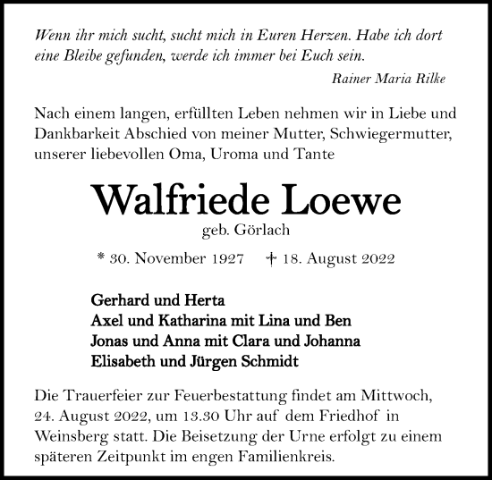 Traueranzeige von Walfriede Loewe von GESAMT
