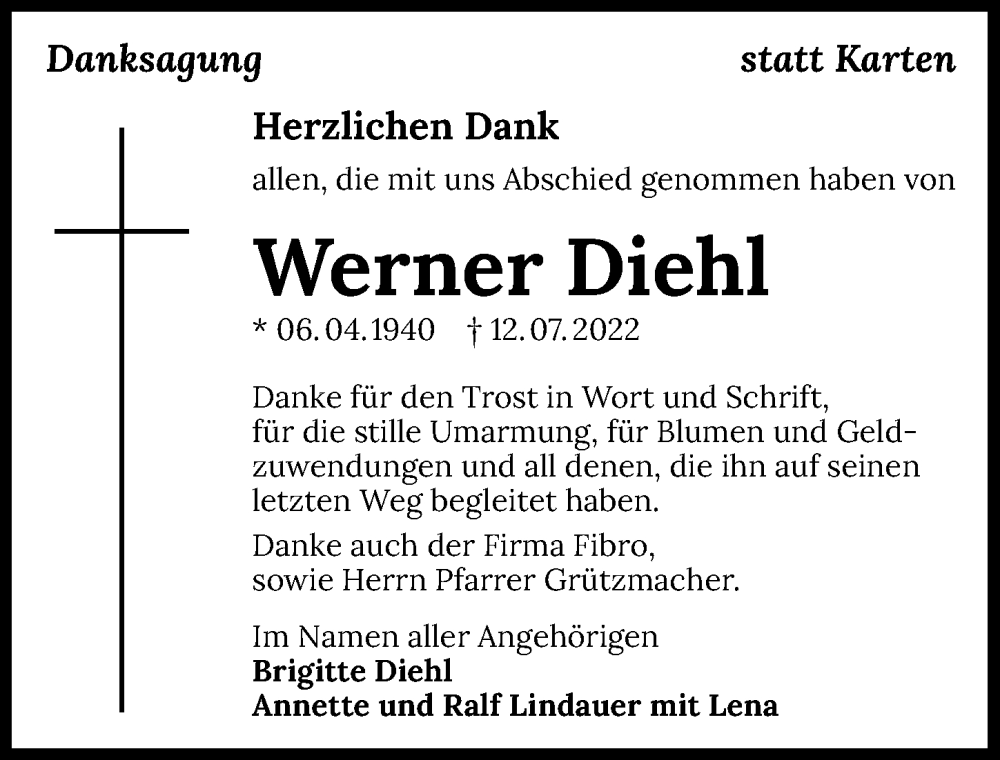  Traueranzeige für Werner Diehl vom 13.08.2022 aus GESAMT