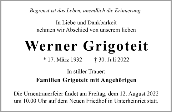 Traueranzeige von Werner Grigoteit von GESAMT