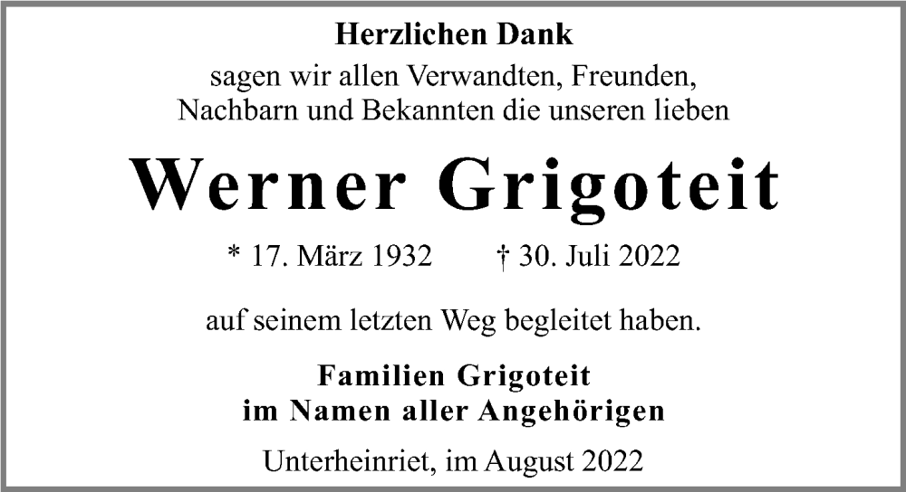  Traueranzeige für Werner Grigoteit vom 20.08.2022 aus GESAMT