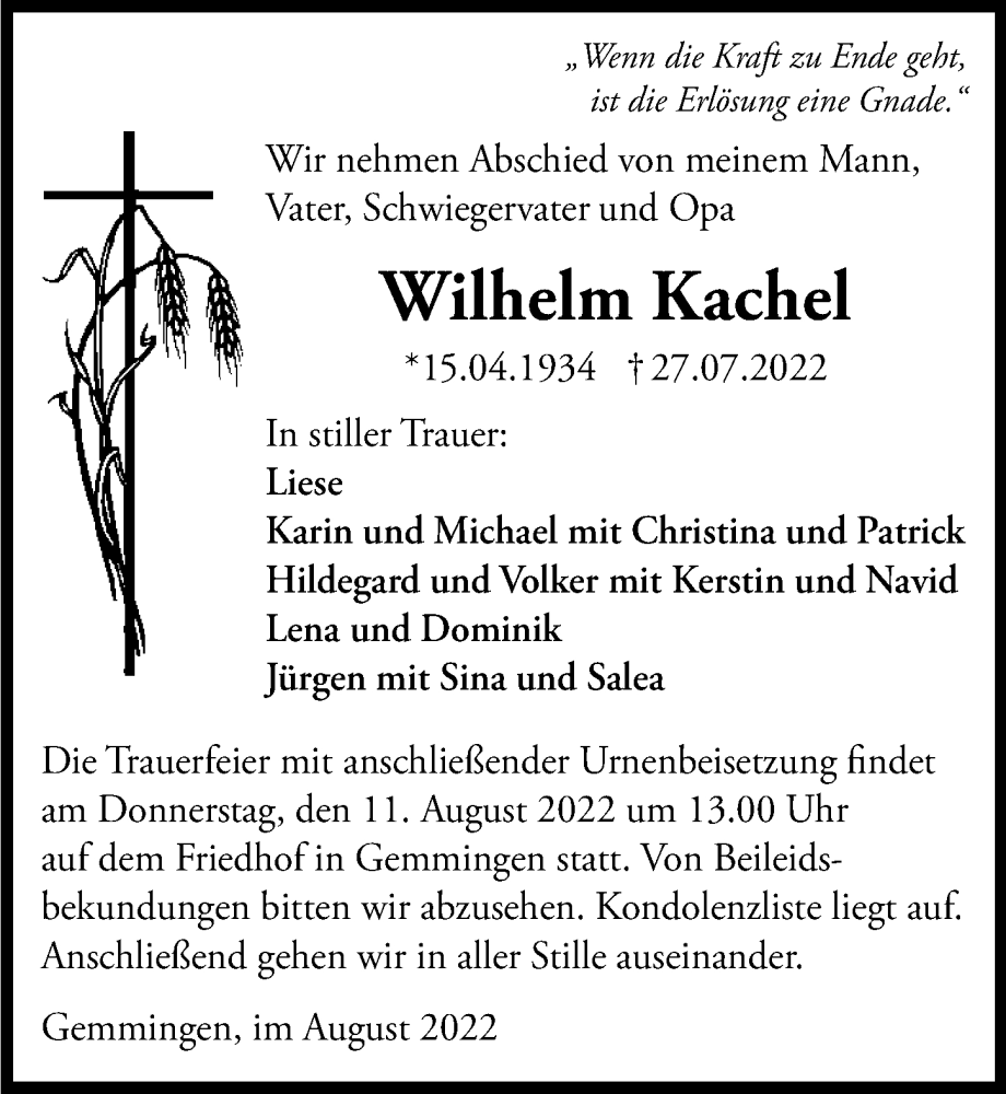  Traueranzeige für Wilhelm Kachel vom 06.08.2022 aus GESAMT