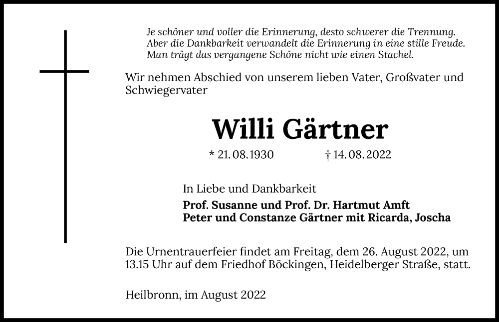  Traueranzeige für Willi Gärtner vom 23.08.2022 aus GESAMT