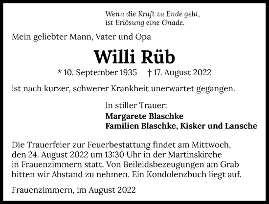 Traueranzeige von Willi Rüb von GESAMT