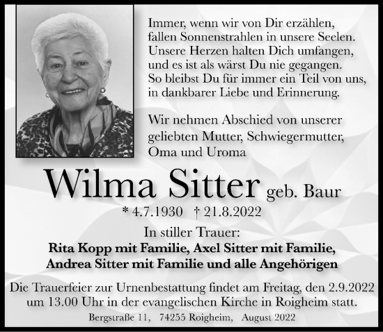 Traueranzeige von Wilma Sitter von GESAMT