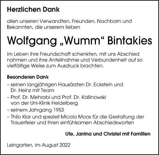 Traueranzeige von Wolfgang Bintakies von GESAMT