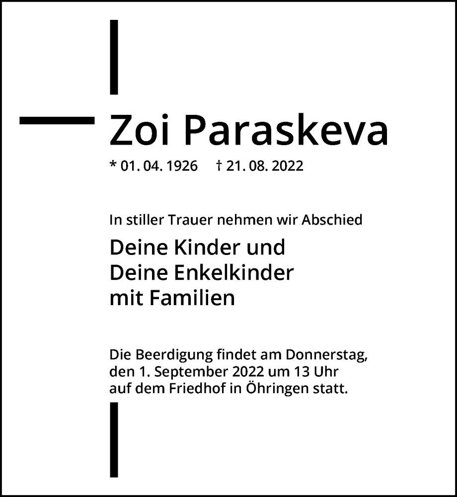  Traueranzeige für Zoi Paraskeva vom 30.08.2022 aus GESAMT