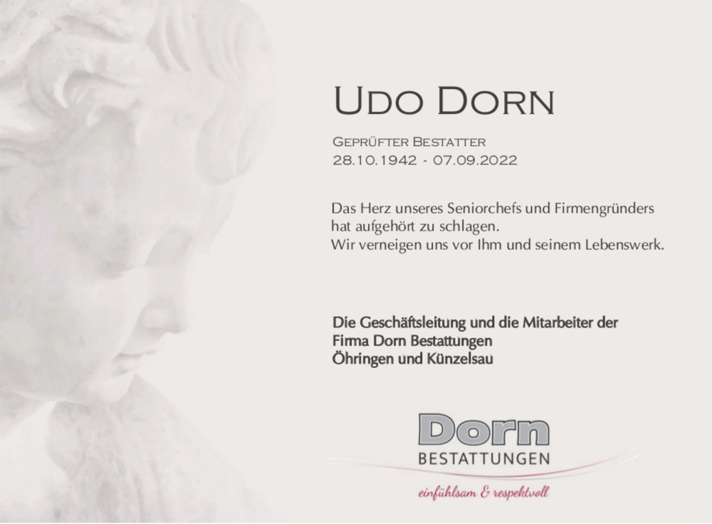  Traueranzeige für Udo Dorn vom 10.09.2022 aus 