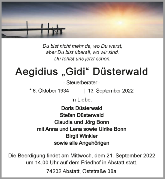 Traueranzeige von Aegidius Düsterwald von GESAMT