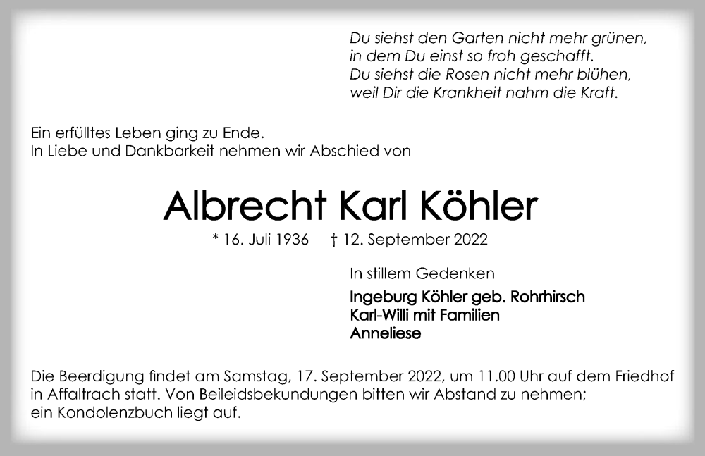  Traueranzeige für Albrecht Karl Köhler vom 15.09.2022 aus GESAMT