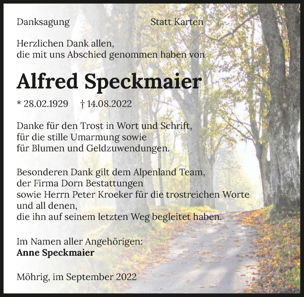  Traueranzeige für Alfred Speckmaier vom 14.09.2022 aus GESAMT