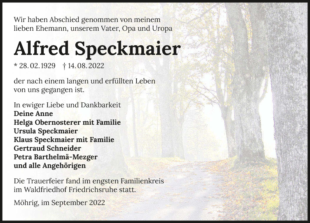  Traueranzeige für Alfred Speckmaier vom 01.09.2022 aus GESAMT