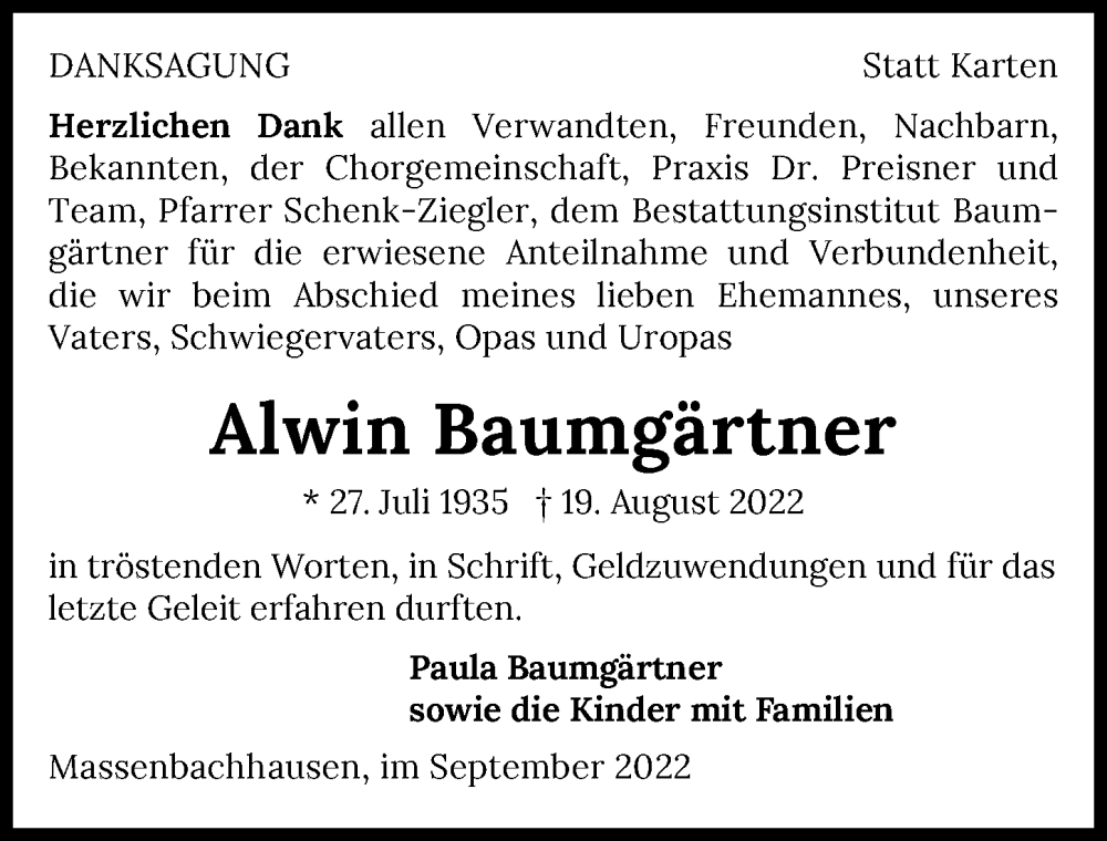  Traueranzeige für Alwin Baumgärtner vom 10.09.2022 aus GESAMT