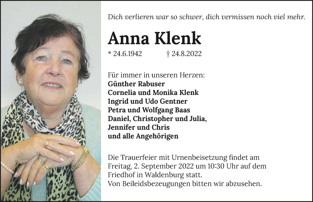  Traueranzeige für Anna Klenk vom 31.08.2022 aus GESAMT
