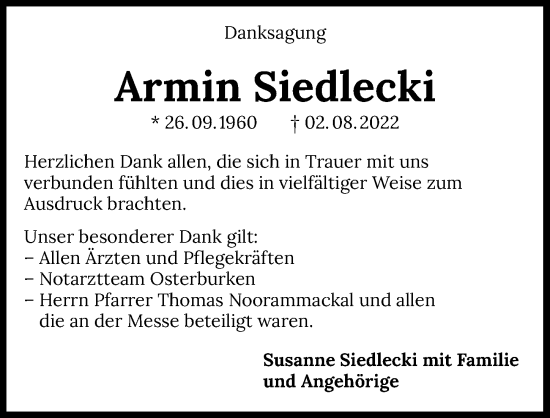 Traueranzeige von Armin Siedlecki von GESAMT