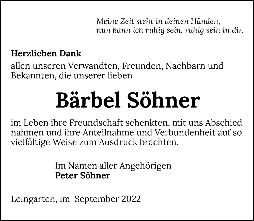  Traueranzeige für Bärbel Söhner vom 17.09.2022 aus GESAMT