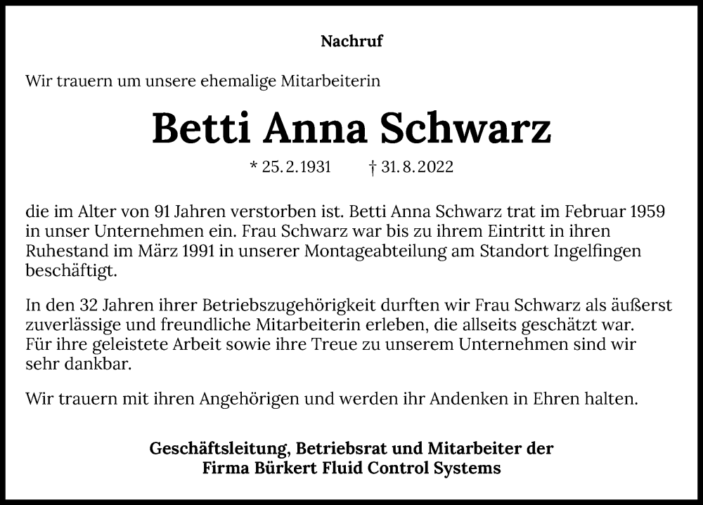  Traueranzeige für Betti Anna Schwarz vom 28.09.2022 aus GESAMT