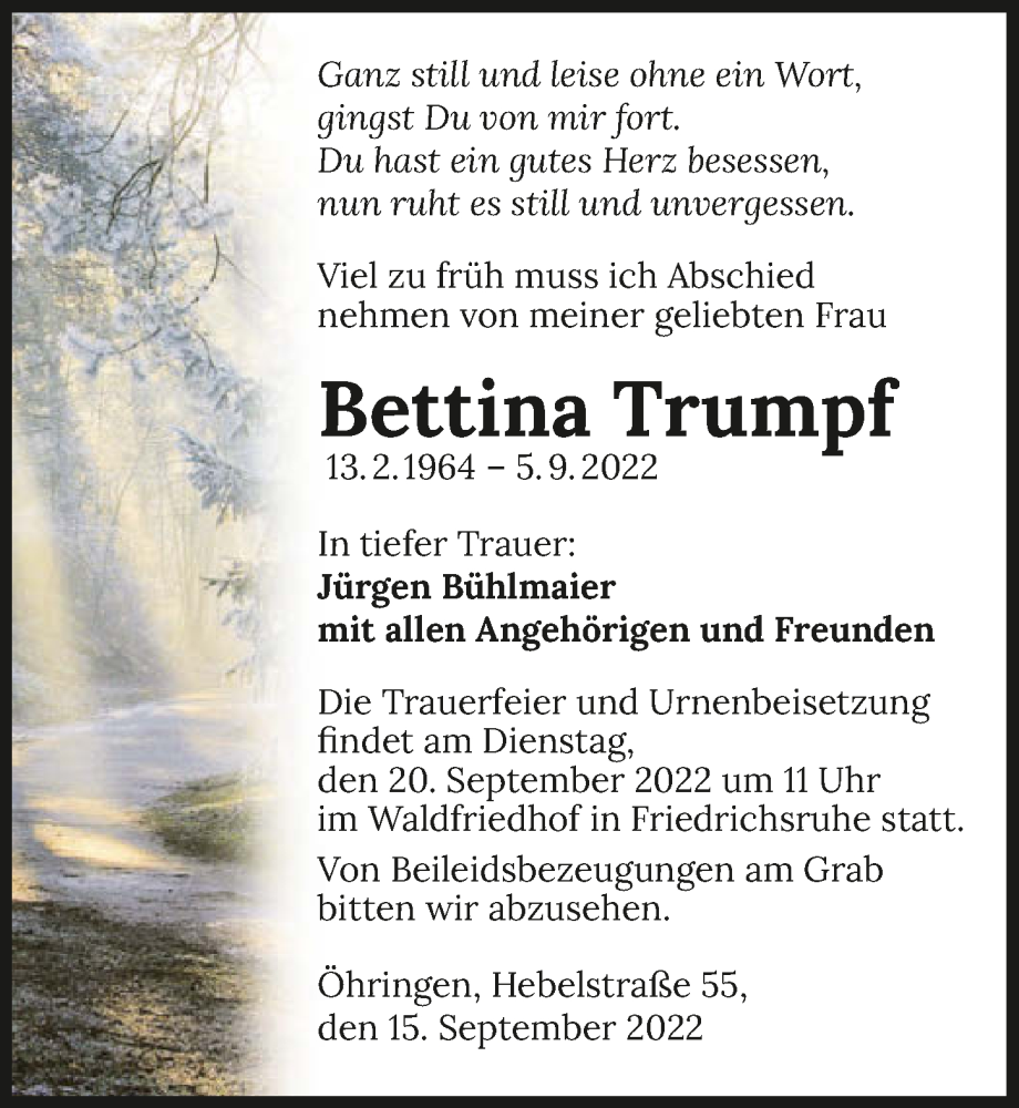  Traueranzeige für Bettina Trumpf vom 15.09.2022 aus GESAMT
