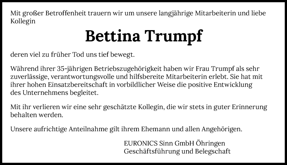  Traueranzeige für Bettina Trumpf vom 16.09.2022 aus GESAMT
