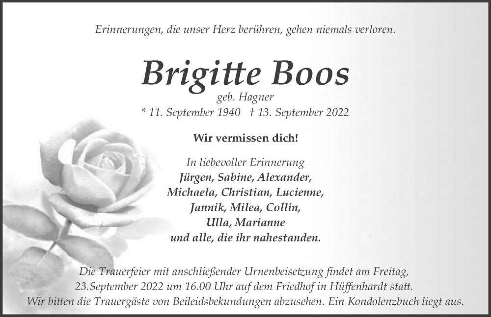  Traueranzeige für Brigitte Boos vom 20.09.2022 aus GESAMT