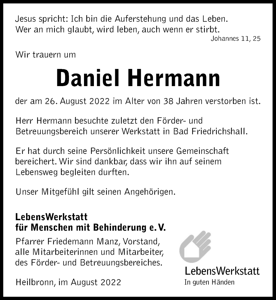  Traueranzeige für Daniel Hermann vom 12.09.2022 aus GESAMT