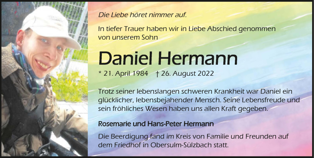  Traueranzeige für Daniel Hermann vom 10.09.2022 aus GESAMT