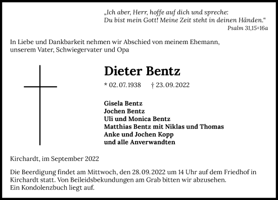 Traueranzeige von Dieter Bentz von GESAMT