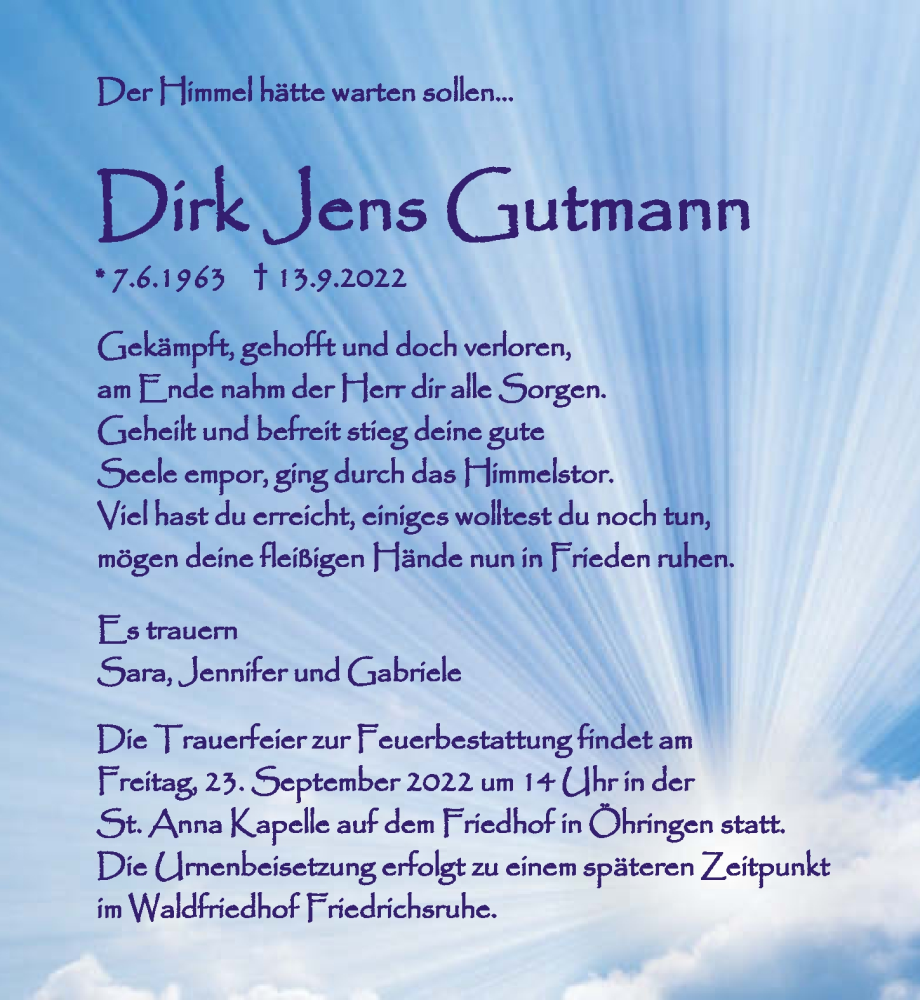  Traueranzeige für Dirk Jens Gutmann vom 21.09.2022 aus GESAMT