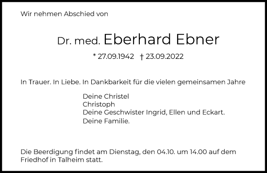 Traueranzeige von Eberhard Ebner von GESAMT