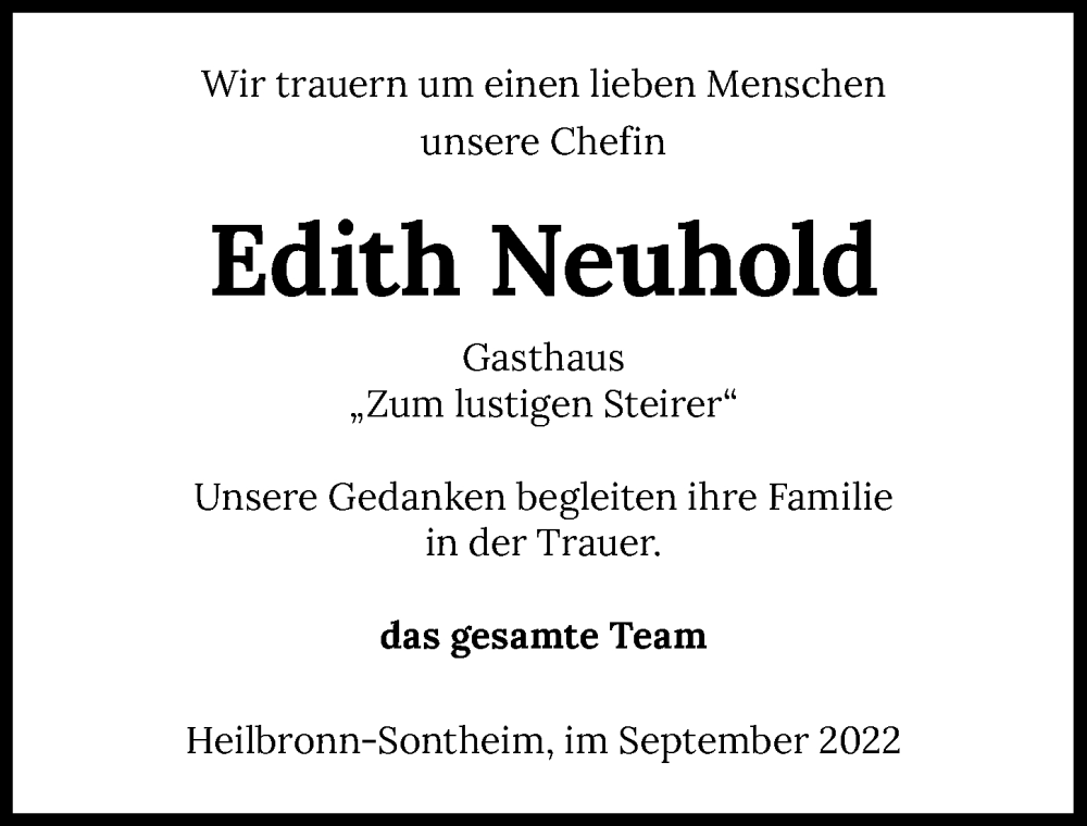  Traueranzeige für Edith Neuhold vom 10.09.2022 aus GESAMT