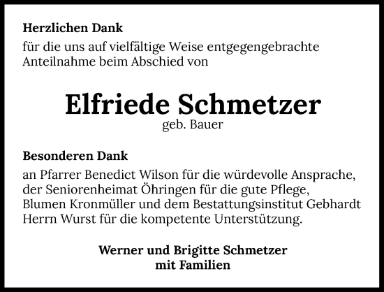 Traueranzeige von Elfriede Schmetzer von GESAMT