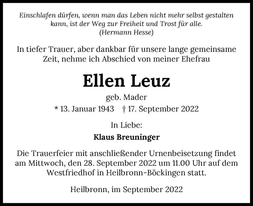  Traueranzeige für Ellen Leuz vom 23.09.2022 aus GESAMT