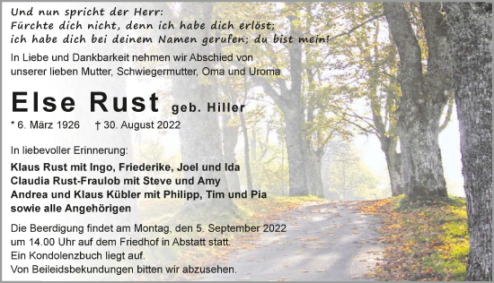Traueranzeige von Else Rust von GESAMT