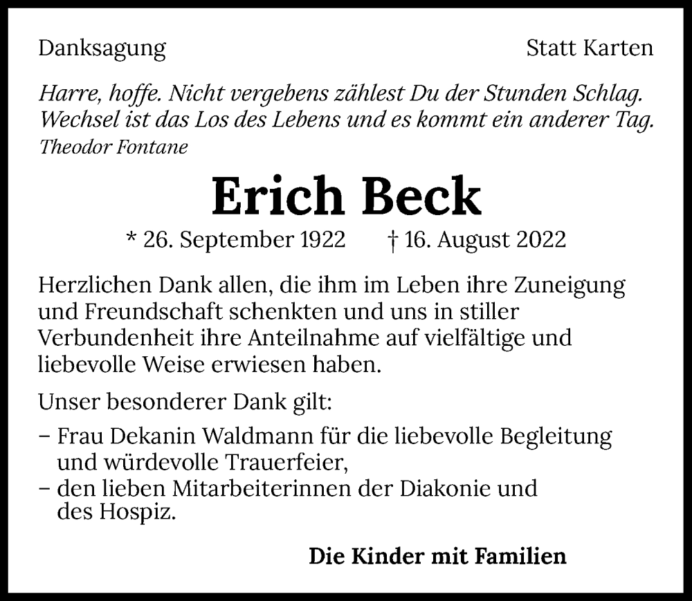  Traueranzeige für Erich Beck vom 24.09.2022 aus GESAMT