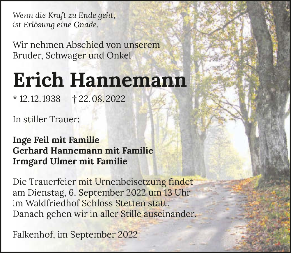  Traueranzeige für Erich Hannemann vom 03.09.2022 aus GESAMT