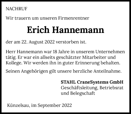 Traueranzeige von Erich Hannemann von GESAMT