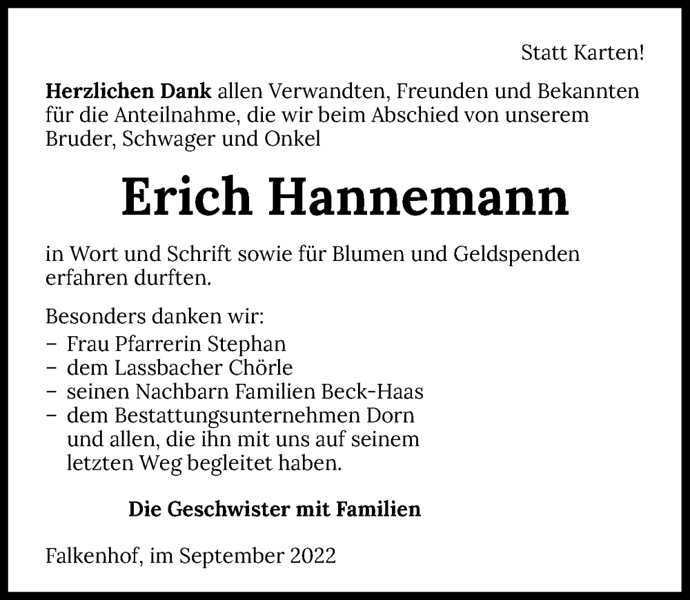  Traueranzeige für Erich Hannemann vom 28.09.2022 aus GESAMT