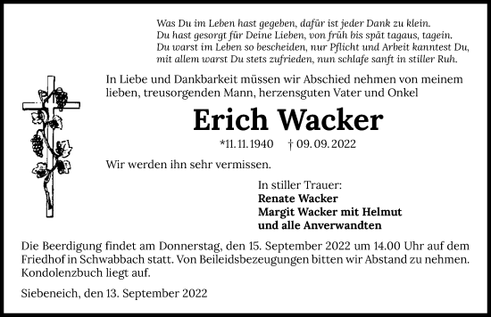 Traueranzeige von Erich Wacker von GESAMT
