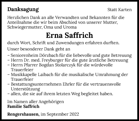 Traueranzeige von Erna Saffrich von GESAMT