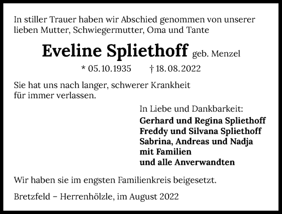 Traueranzeige von Eveline Spliethoff von GESAMT