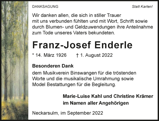 Traueranzeige von Franz-Josef Enderle von GESAMT