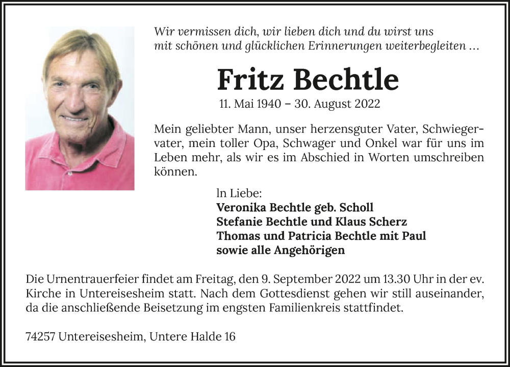  Traueranzeige für Fritz Bechtle vom 03.09.2022 aus GESAMT