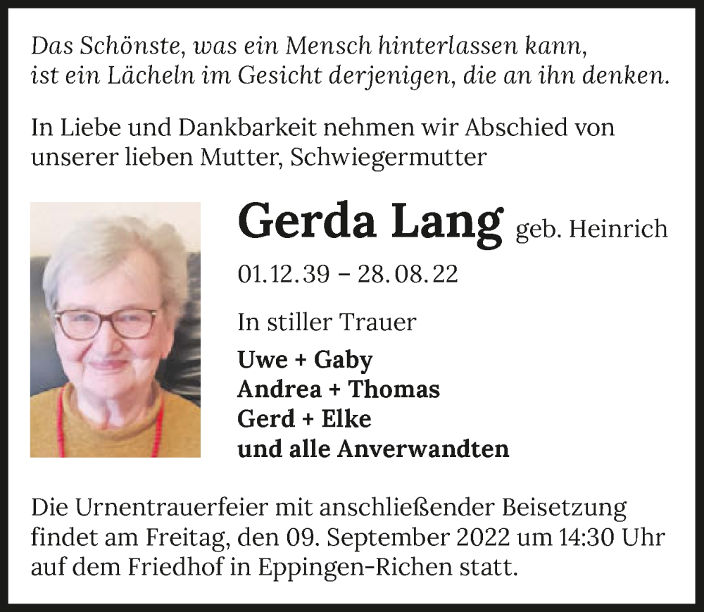  Traueranzeige für Gerda Lang vom 07.09.2022 aus GESAMT