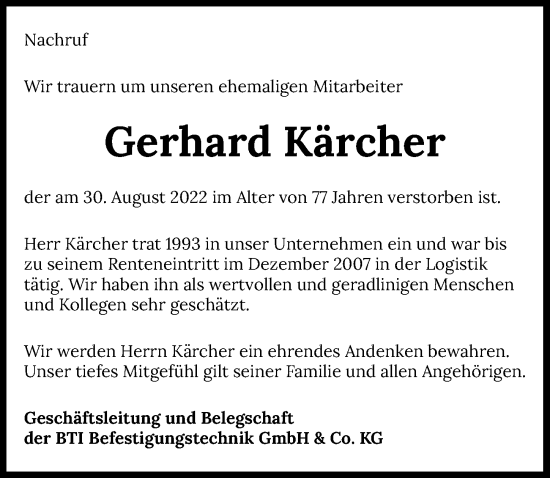 Traueranzeige von Gerhard Kärcher von GESAMT