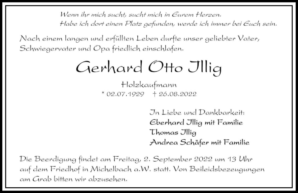  Traueranzeige für Gerhard Otto Illig vom 31.08.2022 aus GESAMT