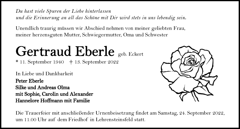  Traueranzeige für Gertraud Eberle vom 17.09.2022 aus GESAMT
