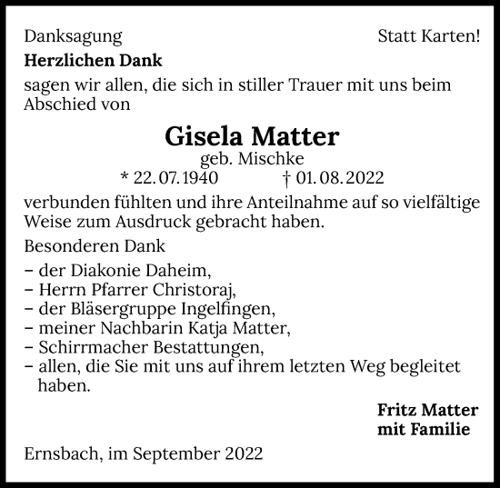 Traueranzeige von Gisela Matter von GESAMT